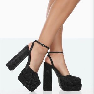 MOONCHILD BLACK SPARKLY DIAMANTÉ SATIN CLOSED TOE STATEMENT PLATFORM BLOCK HEELS